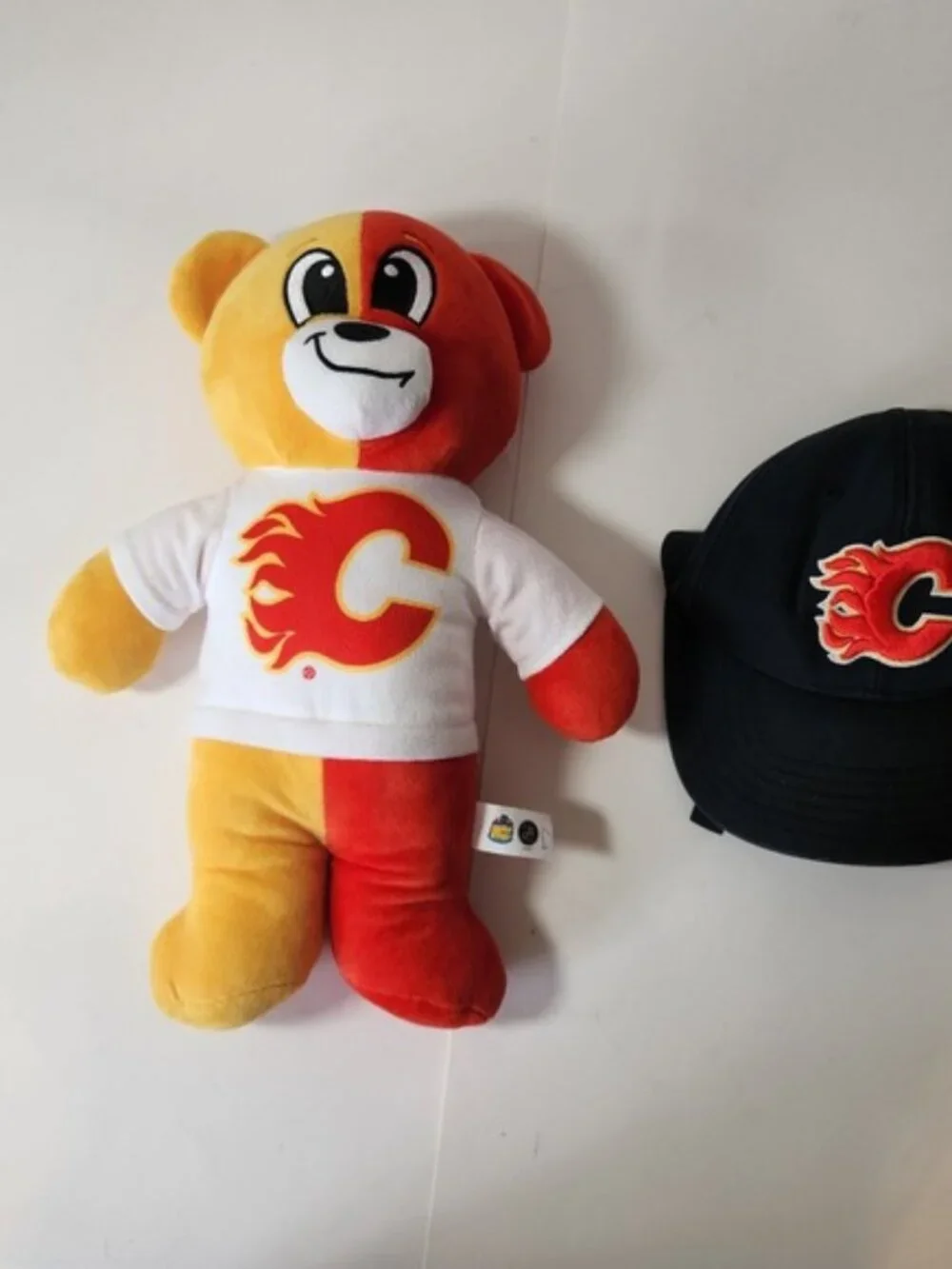 Calgary Flames NHL Plush Bear and‎ Black Logo Baseball Cap Bundle 2pc Set